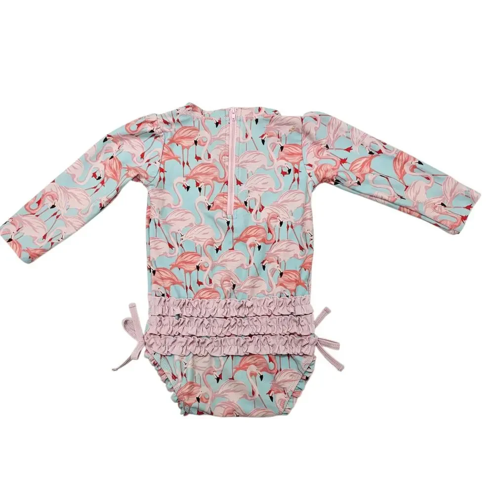 RuffleButts Vibrant Flamingo Long Sleeve One Piece Rash Guard Swimsuit 18-24 MO